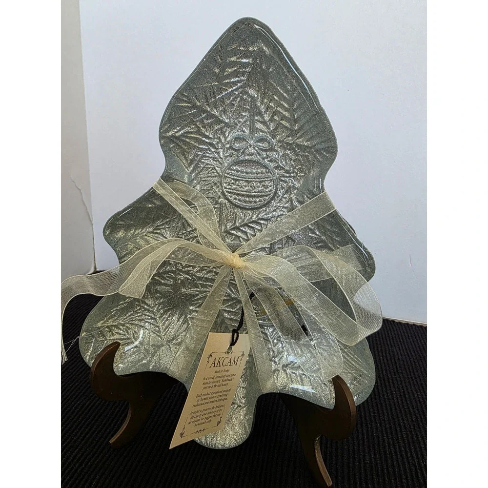 AKCAM Turkish Christmas Tree‎ Shape Glass Dish Set of 4 Glitter Holiday Serving